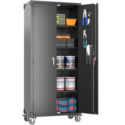 GangMei 72 in Metal Garage Storage Cabinet with Wheels and Pegboard, Black Tall Rolling Tool Cabinet with 4 Adjustable Shelves