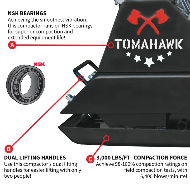 Tomahawk Power Gas Plate Compactor  5.5 HP, 3000 lbs/ft Force, 63cc Engine, 17×13″ Plate
