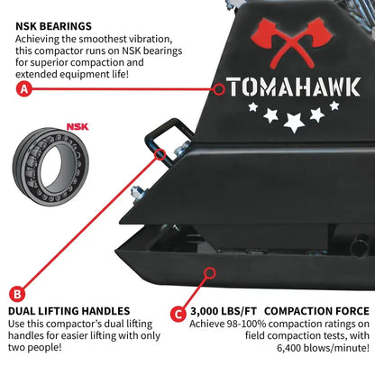 Tomahawk Power Gas Plate Compactor  5.5 HP, 3000 lbs/ft Force, 63cc Engine, 17×13″ Plate