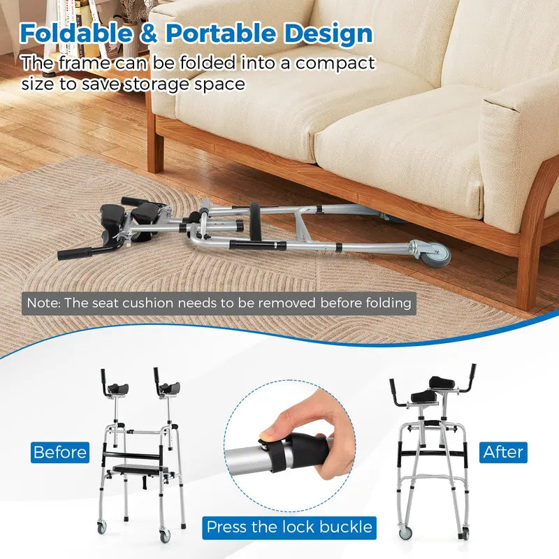 Heavy-Duty Folding Walker  450 lb Capacity, 5-Inch Wheels, Padded Seat & Removable Armrests