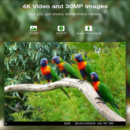 T200 Solar-Powered Trail Camera  4K Video, 30MP Photos, WiFi & Bluetooth Connectivity