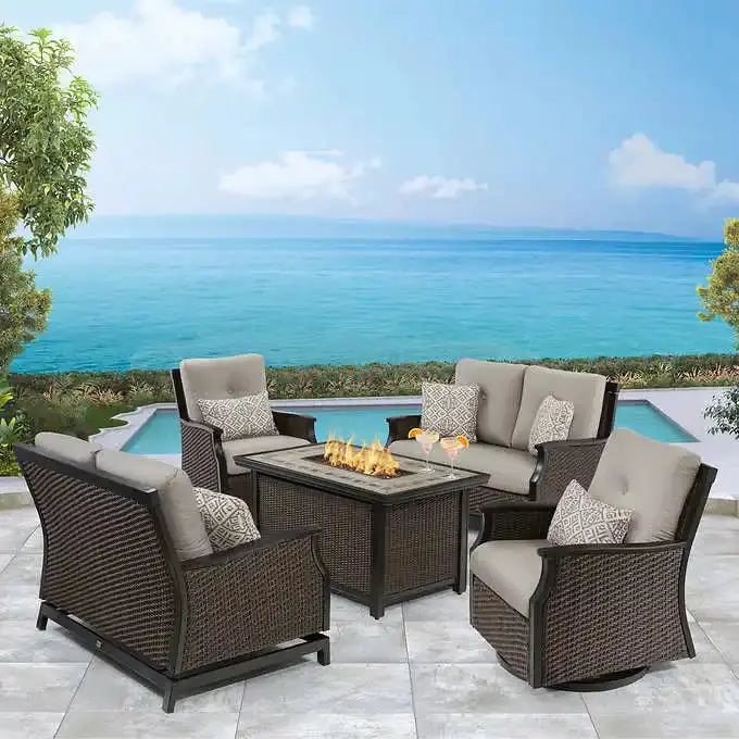 Agio 5-Piece Outdoor Fire Pit Seating Set  All-Weather Wicker with Cushioned Chairs and Center Table