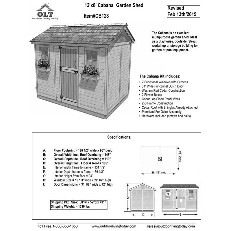 Cabana 12′ x 8′ Wooden Storage Shed  Tongue-and-Groove Construction, Shingle-Ready Roof