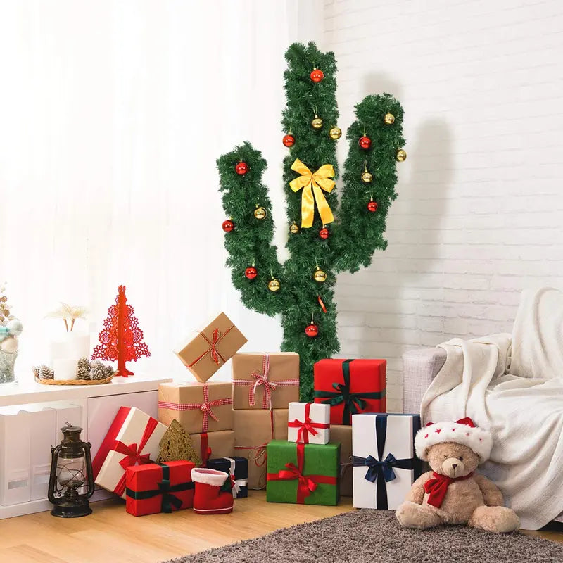 Artificial Cactus-Themed Christmas Tree with Integrated LED Lights and Decorative Ball Ornaments