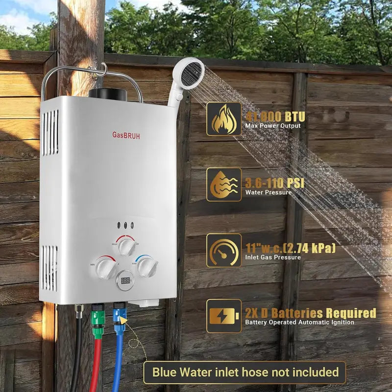 Portable Propane Tankless Water Heater  1.58 GPM Outdoor RV/Camping Model with Overheat Protection & Indoor Use Capability