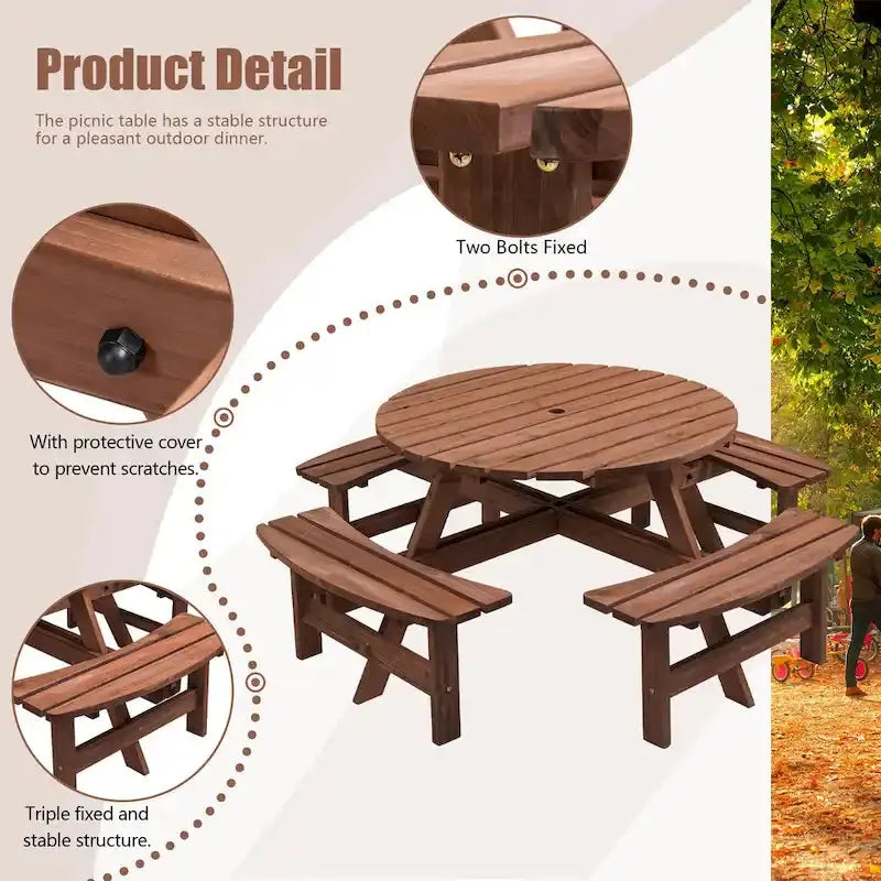 8-Person Fir Wood Picnic Set  Round Patio Table with 4 Built-In Benches & Umbrella Hole
