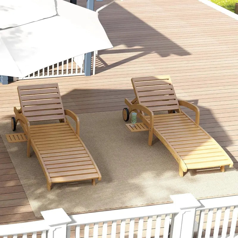 Set of 4 Wooden Poolside Chaise Lounges  5-Position Adjustable Recliners with Pull-Out Side Tables, Patio or Deck Ready