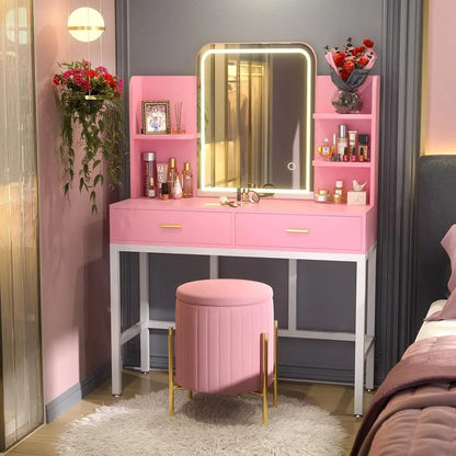 Adjustable LED Vanity Desk  White Dressing Table with Mirror, 2 Drawers, Open Shelves & 3-Color Brightness Control