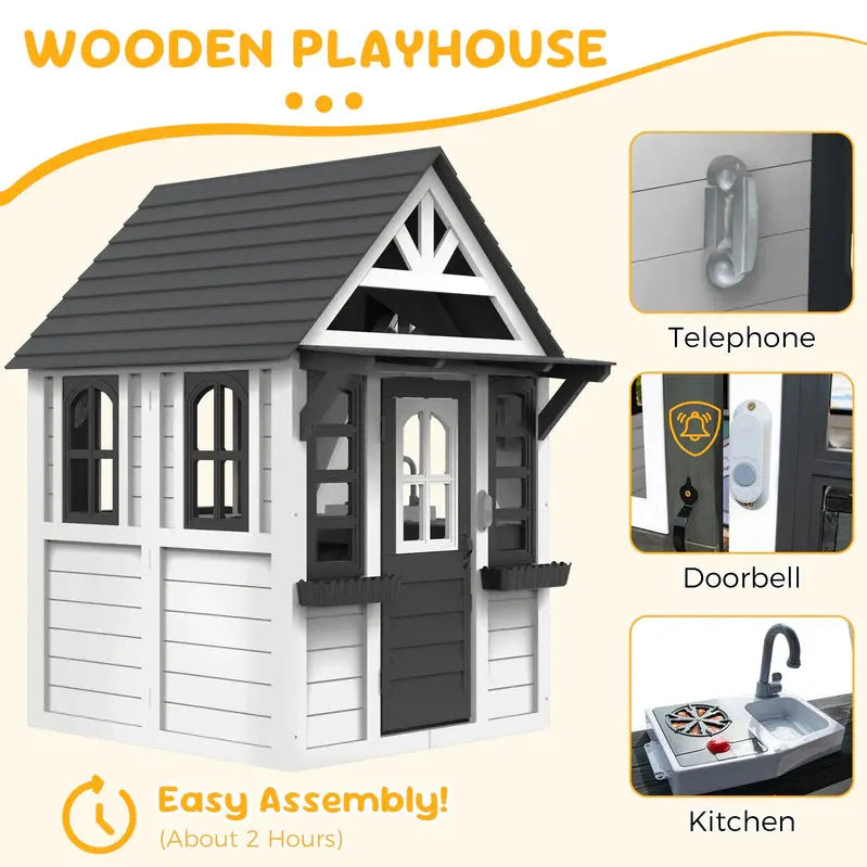 CocluB Wooden Kids’ Playhouse  Outdoor Pretend Play Structure for Ages 48 with Functional Doorbell, Toy Phone, Kitchen Set, and Bilingual Labeling