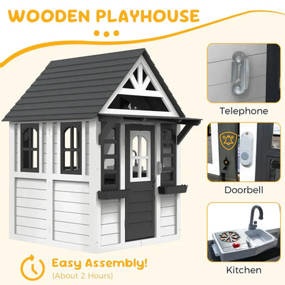 CocluB Wooden Kids’ Playhouse  Outdoor Pretend Play Structure for Ages 48 with Functional Doorbell, Toy Phone, Kitchen Set, and Bilingual Labeling