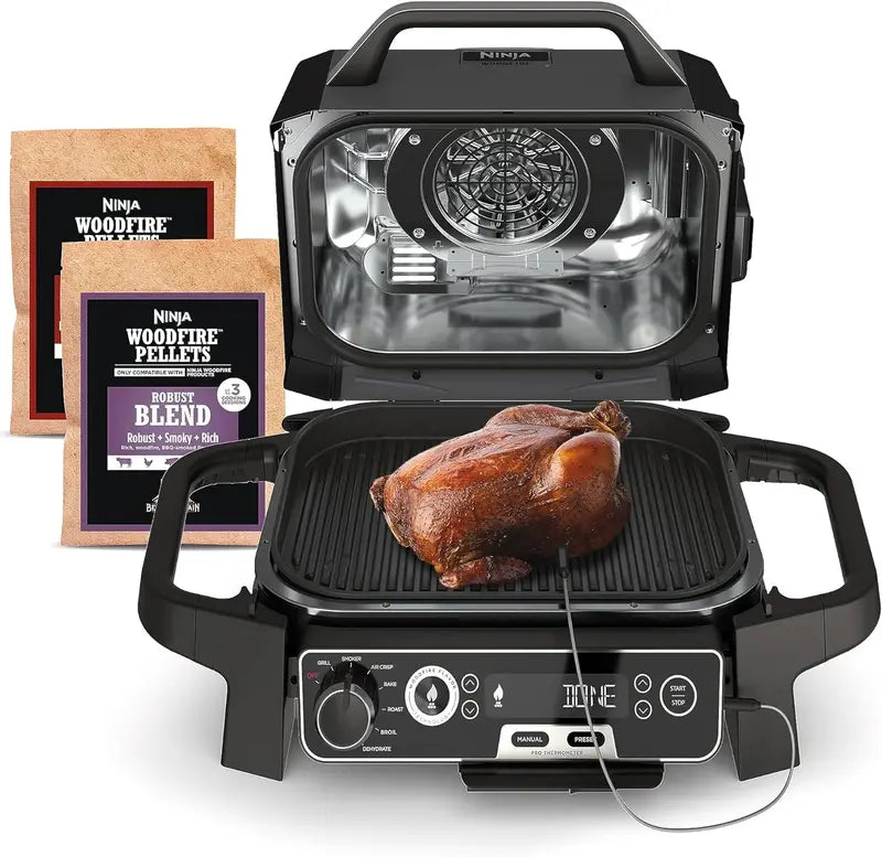 7-in-1 Portable Electric Grill & Smoker: Air Fryer, BBQ, Bake, Roast, Broil + Built-in Thermometer (Grey)