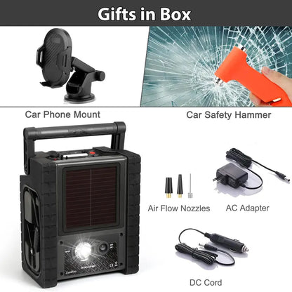 ZunDian ZD-529 Solar Portable Power Station 2000 Amps Jump Starter, 260 PSI Air Compressor, 12V Car Battery Charger with 400W Inverter Dual AC/DC/USB Output, Emergency Backup Power with Flashlights