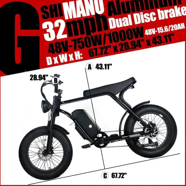 High-Performance Electric Mountain Bike  1000W Motor, 48V 20Ah Removable Battery, 45mph Top Speed, 20″x4.0″ Fat Tires, Shimano 7-Speed