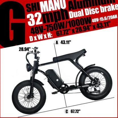 High-Performance Electric Mountain Bike  1000W Motor, 48V 20Ah Removable Battery, 45mph Top Speed, 20″x4.0″ Fat Tires, Shimano 7-Speed