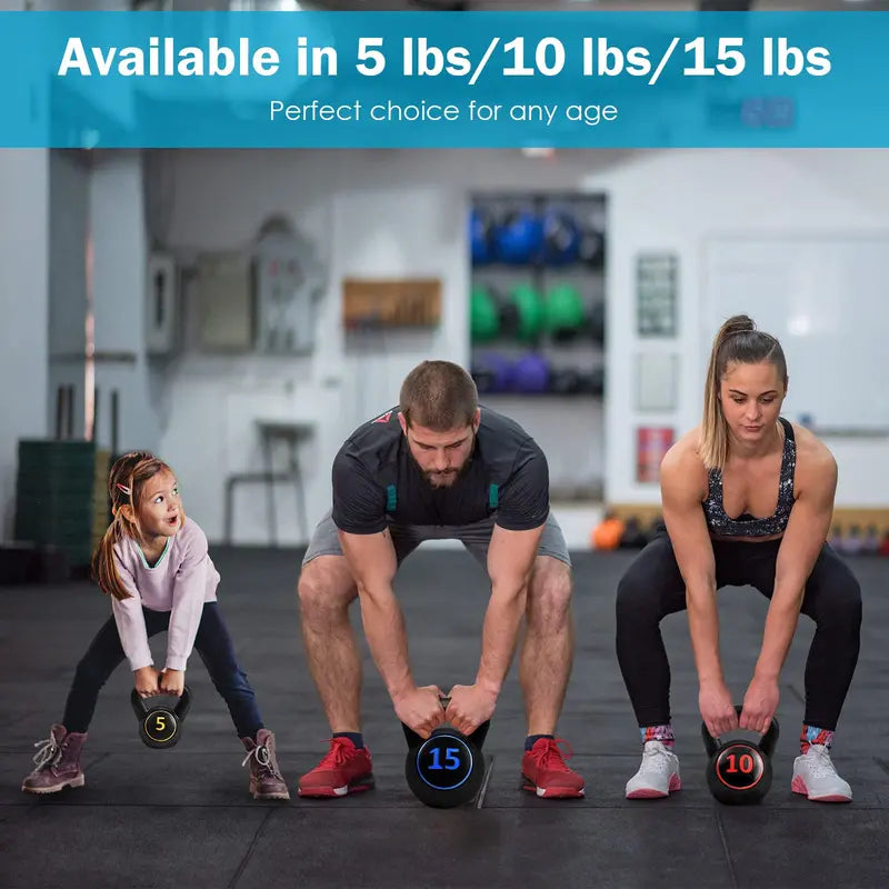 Three-Piece Kettlebell Set  HDPE-Coated Weights (5, 10, 15 lbs) for Home Fitness