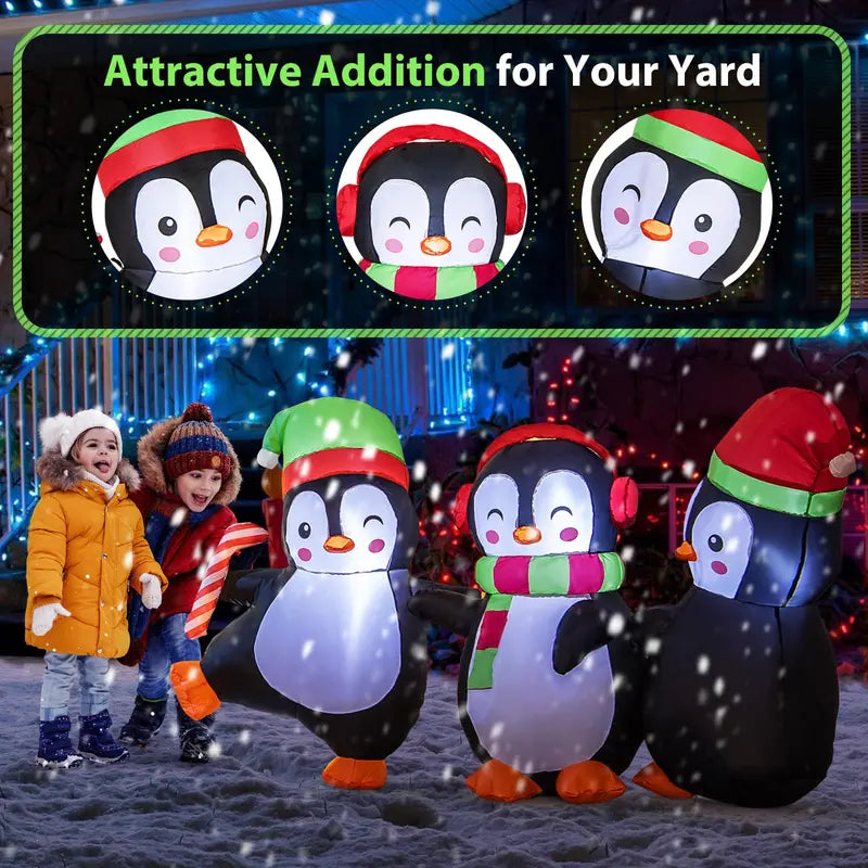 6-Foot Inflatable Penguin Family — LED-Lit Group Display with Interlocked Hands