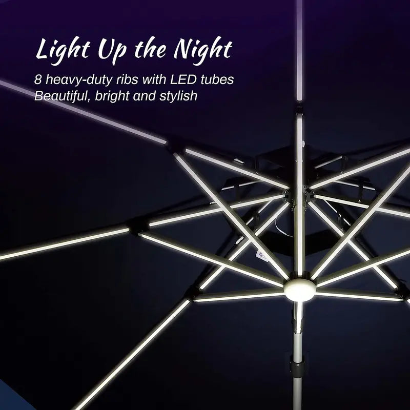 12-Foot Solar-Powered LED Cantilever Patio Umbrella  Wind-Resistant Round Outdoor Parasol with Built-in Lights
