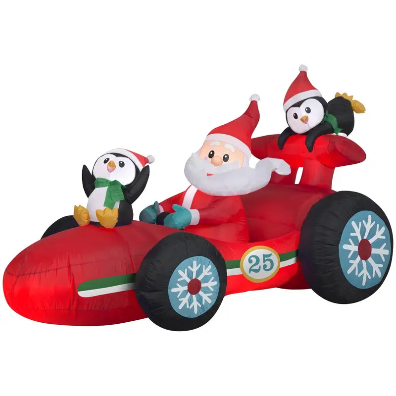 4ft Gemmy Inflatable Santa Racecar with Penguins, LED Lights, Outdoor Christmas Decor