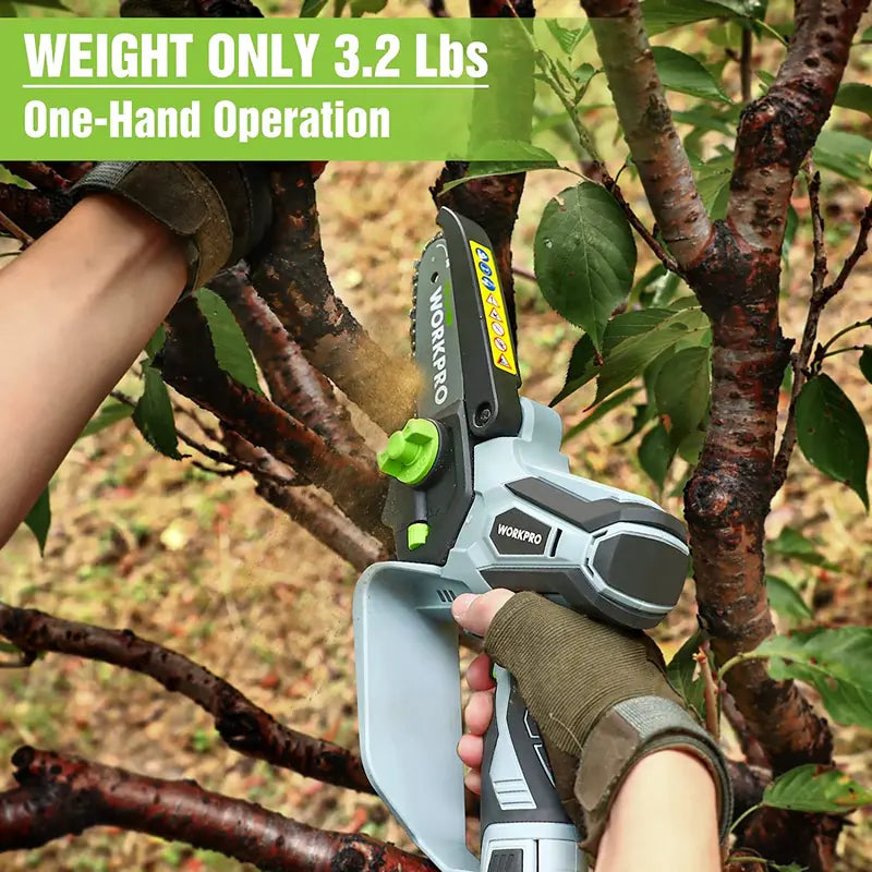WORKPRO 6.3″ Compact Cordless Mini Chainsaw with Dual Batteries & Spare Bar/Chain