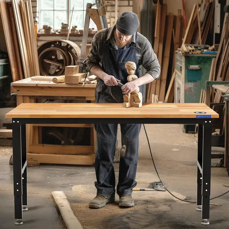 WORKPRO 60″ x 24″ Adjustable Workbench  1500-LB Capacity, Hardwood Top, Power Outlets