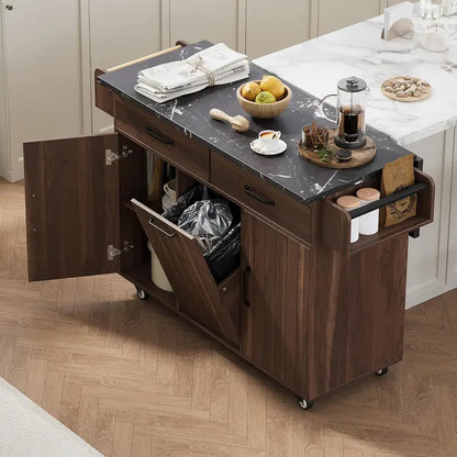 White Rotating Kitchen Island Cart  Foldable-Leg Trolley with Trash Bin, Towel Bar, Drawers, and Internal Shelves