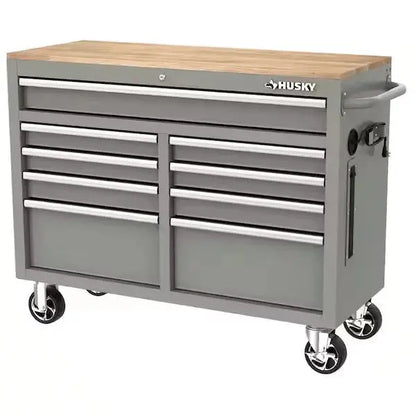 Mobile Workbench with 9 Drawers  Hardwood Work Surface, Integrated Power Outlet, High-Gloss Black Finish (117 x 62 cm)