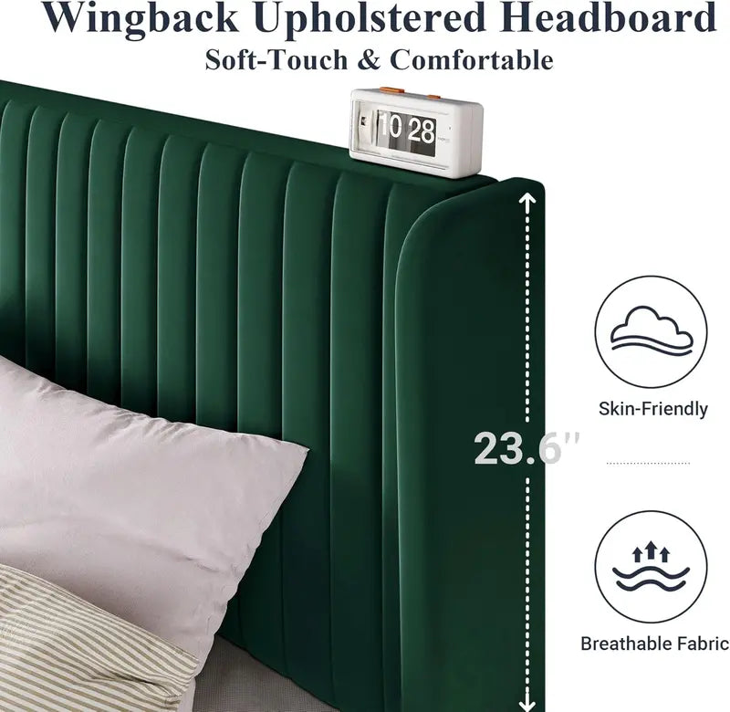 Allewie Full Size Velvet Wingback Bed  Channel-Tufted Upholstered Frame with Vertical Headboard