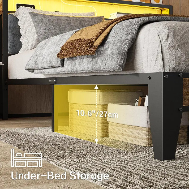 OLEVS Single Metal Platform Bed with LED-Lit Storage Headboard & USB Charging Station