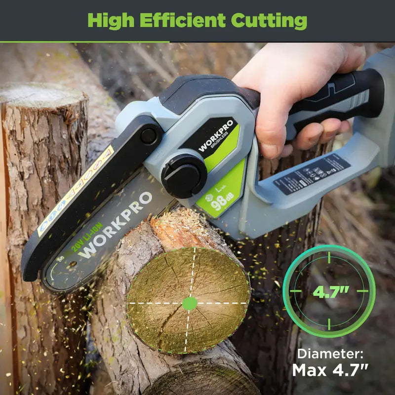 WORKPRO 20V Brushless Cordless Compact Chainsaw  Includes 4.0Ah Battery & Replacement Chain