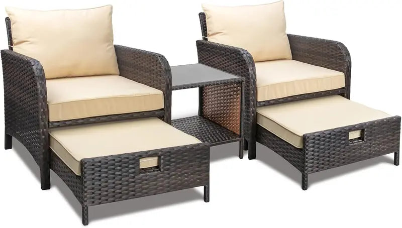 LEVELEVE 5-Piece Brown PE Wicker Patio Conversation Set with Cushioned Chairs and Tempered Glass Table