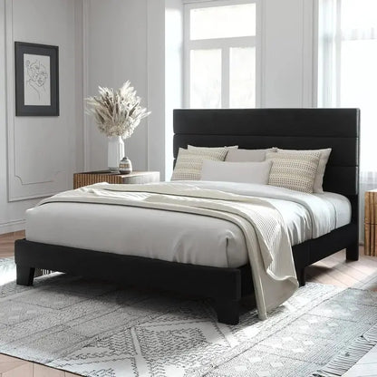 Allewie King Platform Bed Frame  Velvet-Upholstered Headboard with Solid Wood Slats