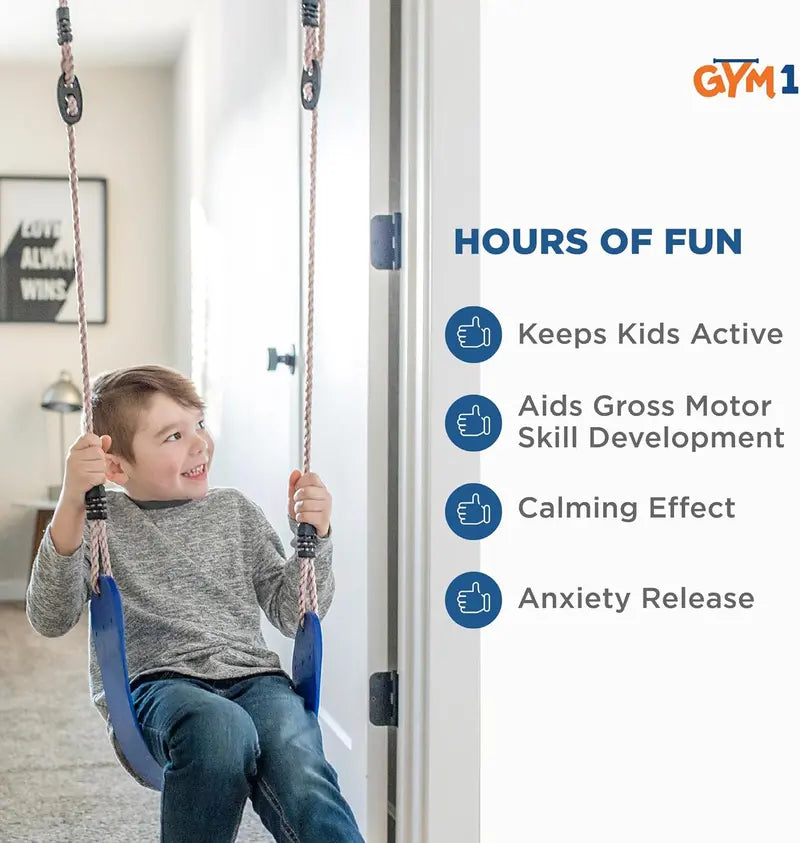PIPG Indoor Doorway Gym Set for Kids & Adults, Blue, Steel Frame, 6-Piece with Sensory Swing, Pull-Up Bar, Rings, Trapeze, Ladder & Rope, 300 lbs Capacity