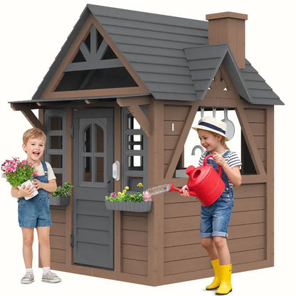 CocluB Wooden Kids’ Playhouse  Outdoor Pretend Play Structure for Ages 48 with Functional Doorbell, Toy Phone, Kitchen Set, and Bilingual Labeling