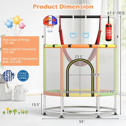 55-Inch Kids’ Mini Trampoline  Heavy-Duty Bouncer with Hammock & Enclosed Safety Net