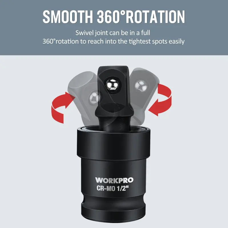 WORKPRO 3-Piece 1/4″ Drive Impact Universal Joint Set: 1/2″ & 3/8″ Swivel Sockets