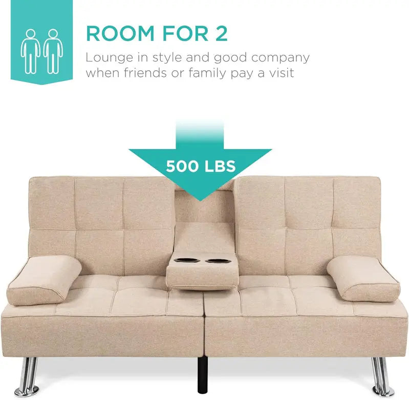Compact Gray Linen Futon Sofa Bed  Foldable Modern Design with Detachable Armrests, Sturdy Metal Frame & Built-in Cup Holders