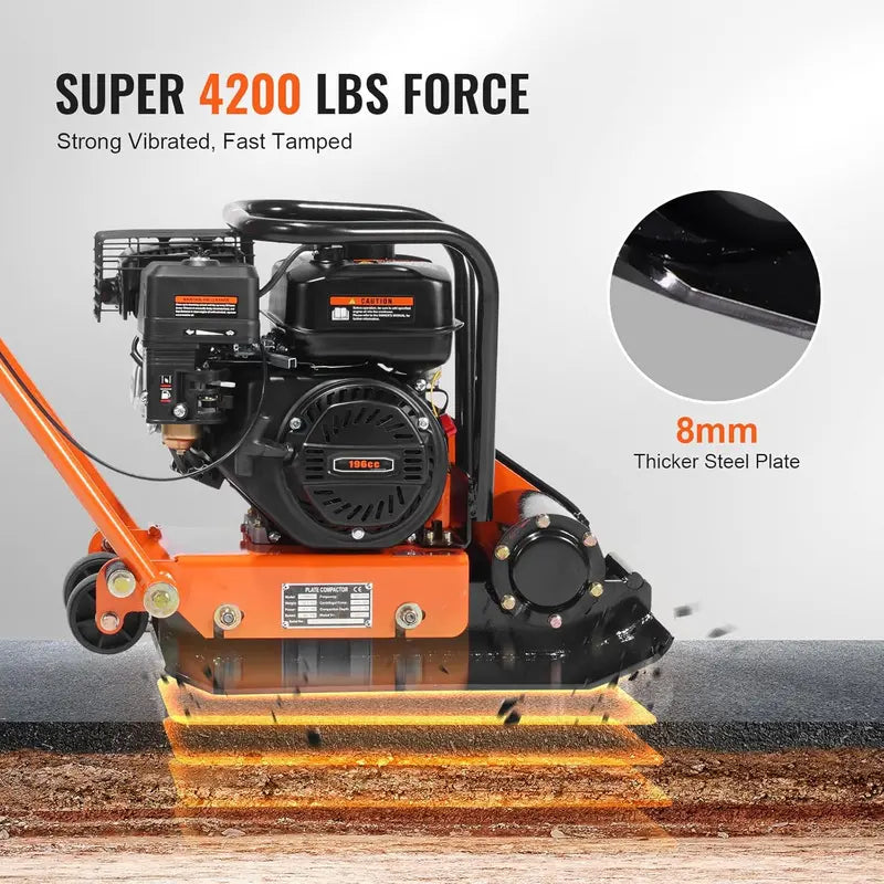 Gas-Powered Plate Compactor  6.5 HP, 196cc Engine, 4200 lb Vibratory Force, 5600 VPM for Pavers, Asphalt & Landscaping Projects