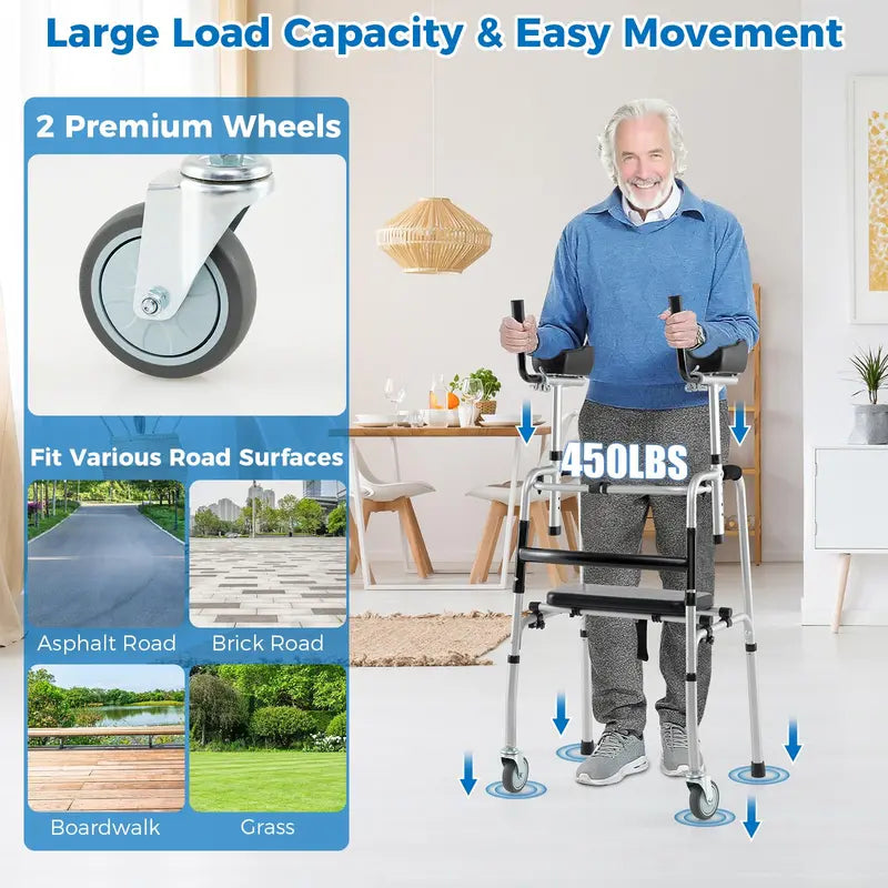 Heavy-Duty Folding Walker  450 lb Capacity, 5-Inch Wheels, Padded Seat & Removable Armrests