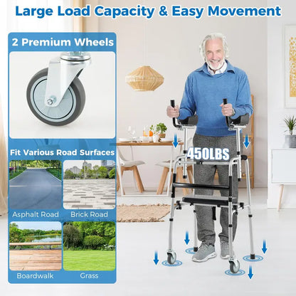 Heavy-Duty Folding Walker  450 lb Capacity, 5-Inch Wheels, Padded Seat & Removable Armrests