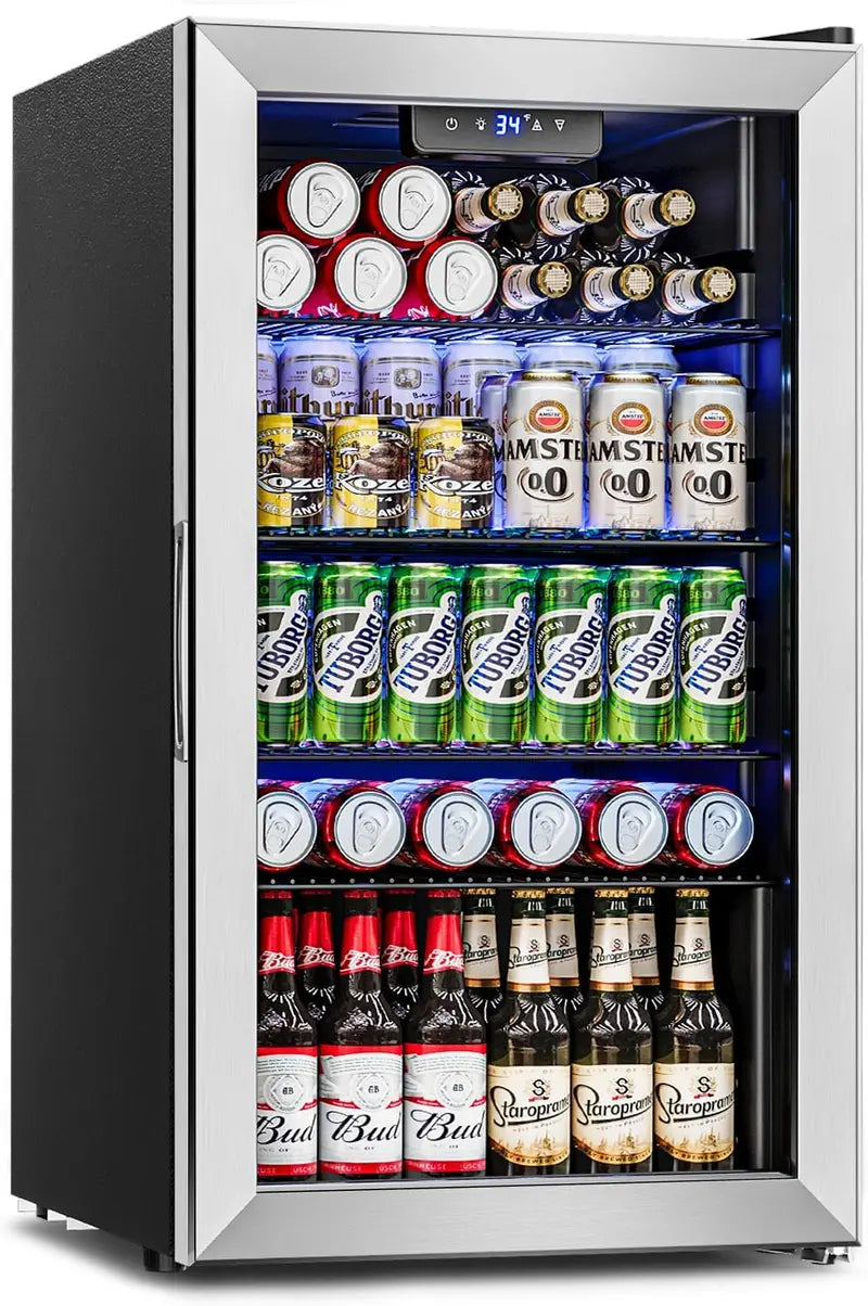 126-Can Beverage Cooler with Tempered Glass Door  Mini Fridge for Soda, Beer & Wine