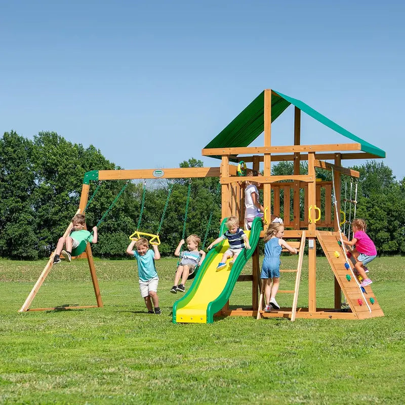 Backyard Discovery Mount McKinley Cedar Swing Set  Full-Feature Outdoor Play System with Slide, Climbing Walls, Swings & Sandbox