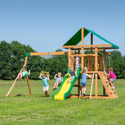 Backyard Discovery Mount McKinley Cedar Swing Set  Full-Feature Outdoor Play System with Slide, Climbing Walls, Swings & Sandbox