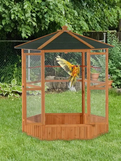 Hexagonal Wooden Outdoor Aviary Bird Cage with Covered Roof  Large