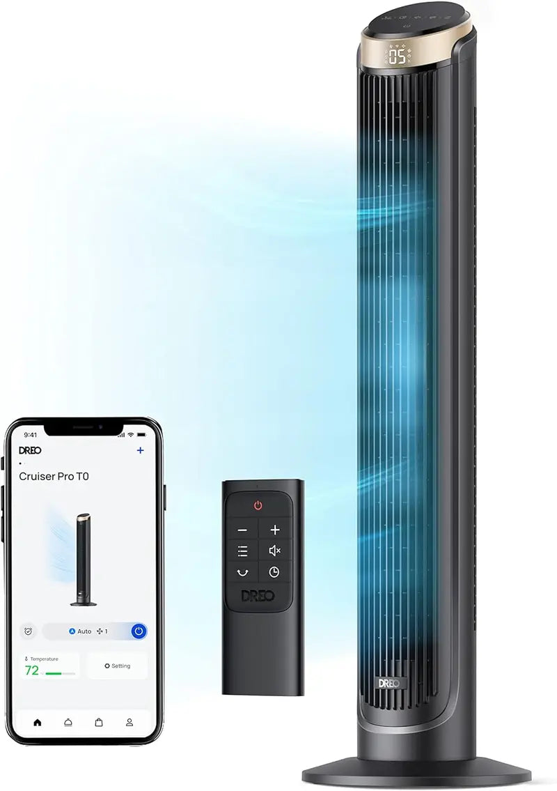 DREO 40″ Silver Smart Tower Fan: 90° Oscillation, 5-Speed High-Velocity Airflow, Touch/Remote/APP/Voice Control & 12H Timer