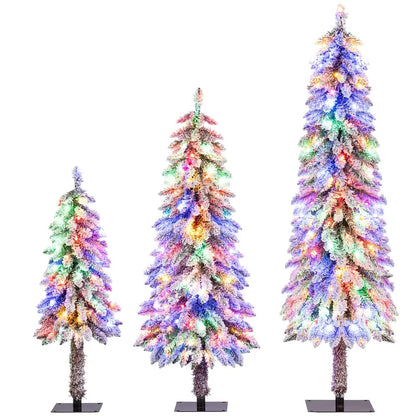 Three-Piece Snow-Flocked Christmas Tree Set  3’, 4’, and 5’ Trees with 300 Multicolor LEDs