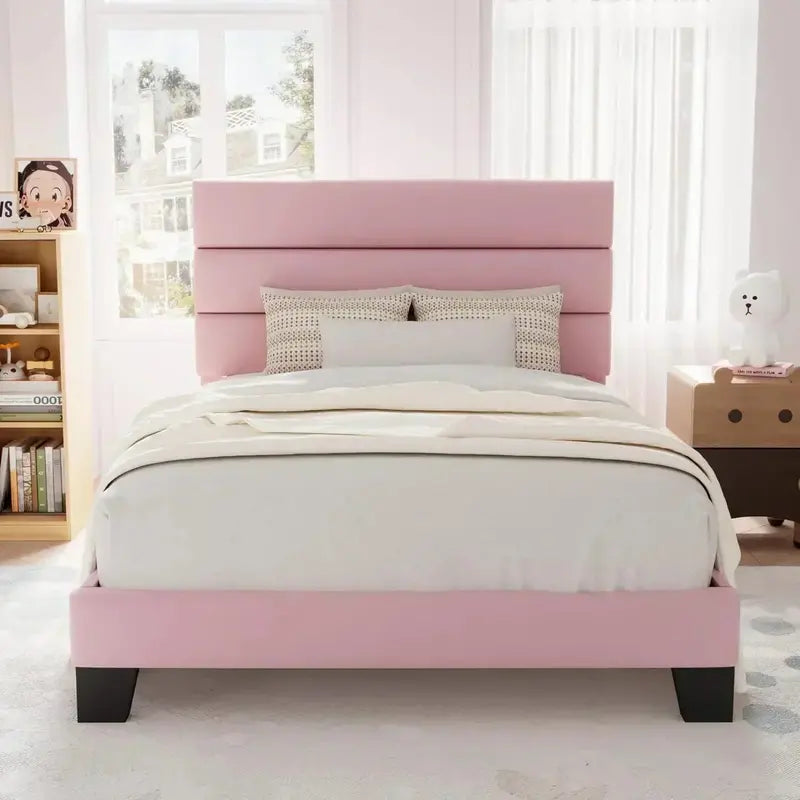 Allewie King Platform Bed Frame  Velvet-Upholstered Headboard with Solid Wood Slats