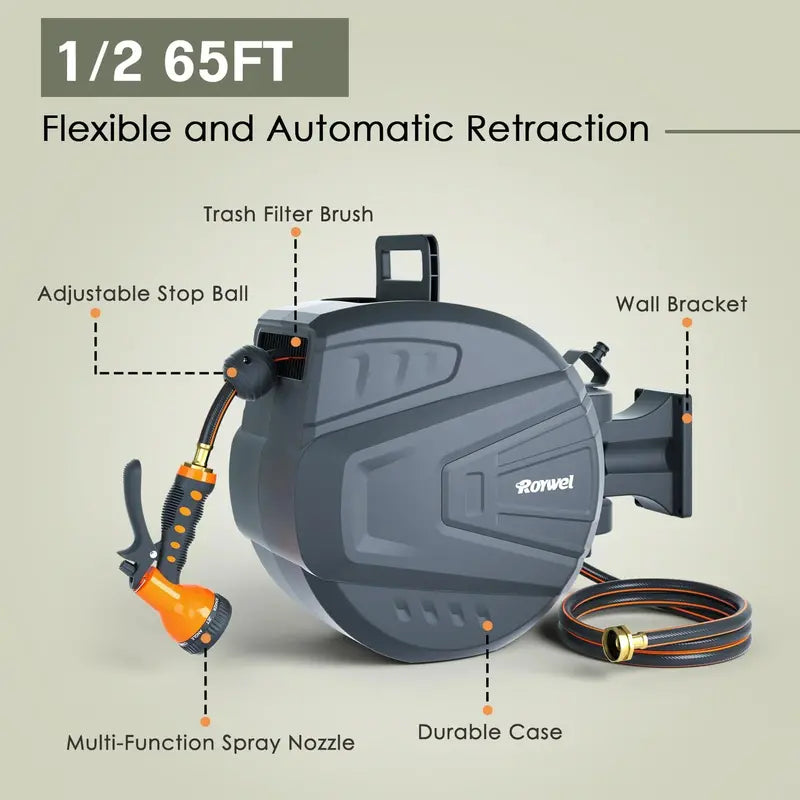 Roywel 65-Foot Retractable Garden Hose Reel with Wall-Mount Bracket