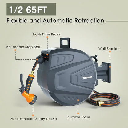 Roywel 65-Foot Retractable Garden Hose Reel with Wall-Mount Bracket