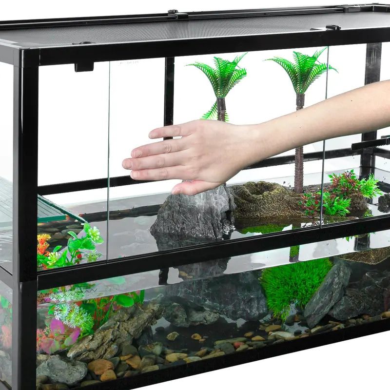 REPTIZOO 40 Gallon Turtle Tank with Basking Platform &amp; Ventilated Mesh Cover, Black