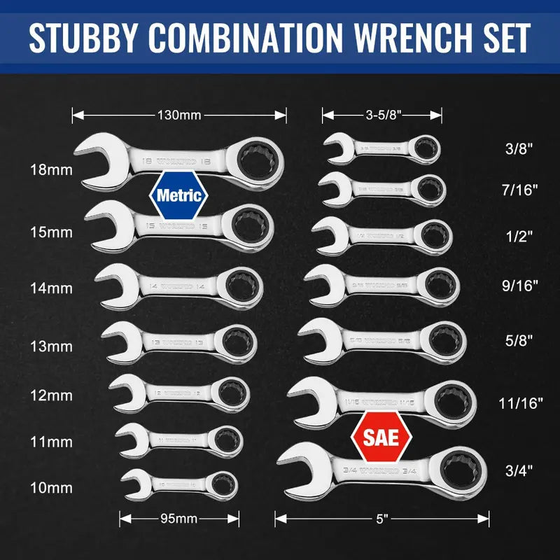 WORKPRO 14-Piece Ratcheting Stubby Combination Wrench Set